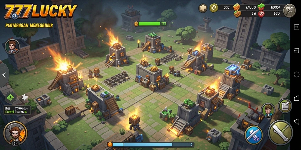 Screenshot utama 777LUCKY menunjukkan gameplay strategis Tower Defense yang menarik.
