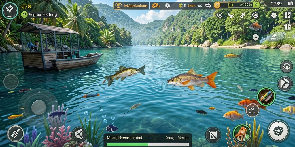 Screenshot gameplay C789 dengan aksi memancing yang seru.