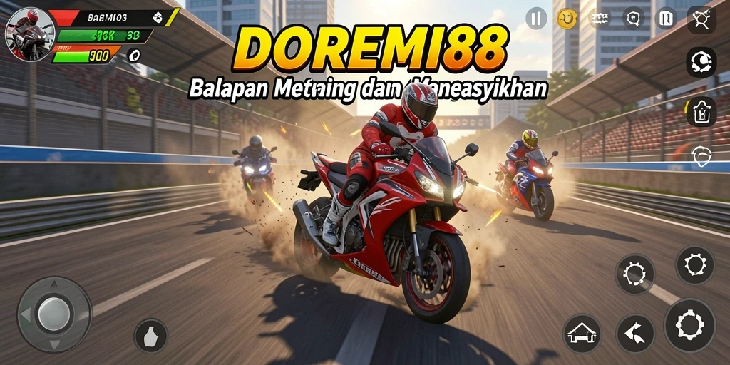Screenshot DOREMI88 memperlihatkan aksi balapan motor yang mendebarkan.