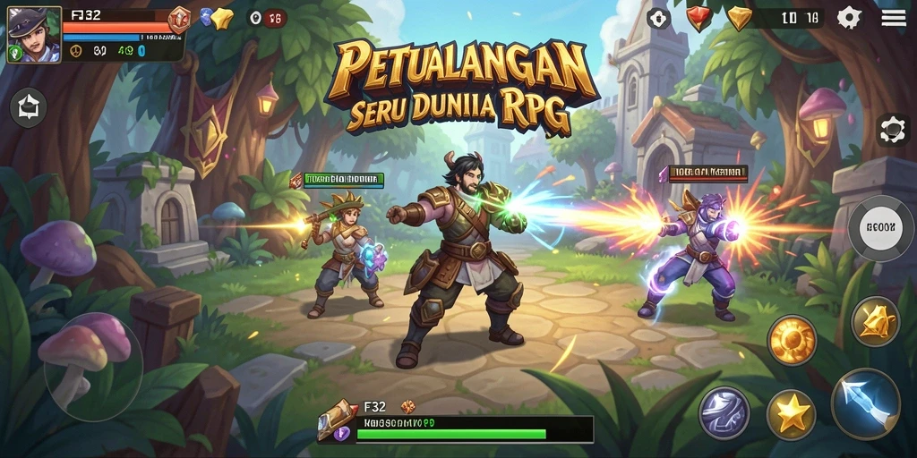 Tangkapan layar utama F32 menampilkan aksi pertarungan seru dalam dunia RPG.