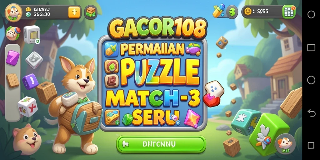 Tangkapan layar permainan GACOR108 dengan elemen Match-3 yang penuh warna.