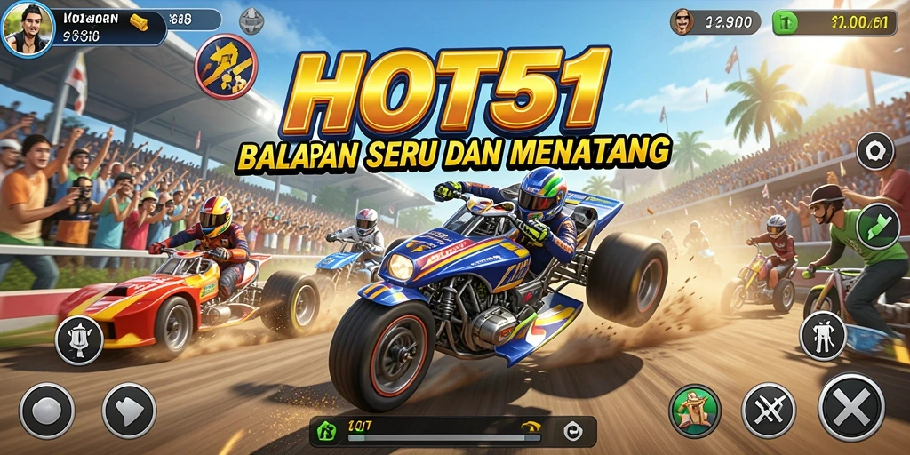 Screenshot HOT51 menunjukkan balapan seru dengan mobil cepat di lintasan.