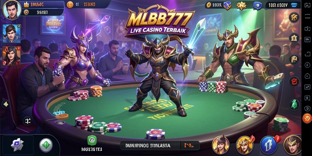 Tampilan gameplay MLBB777 menampilkan dealer dan pemain dalam suasana kasino langsung.