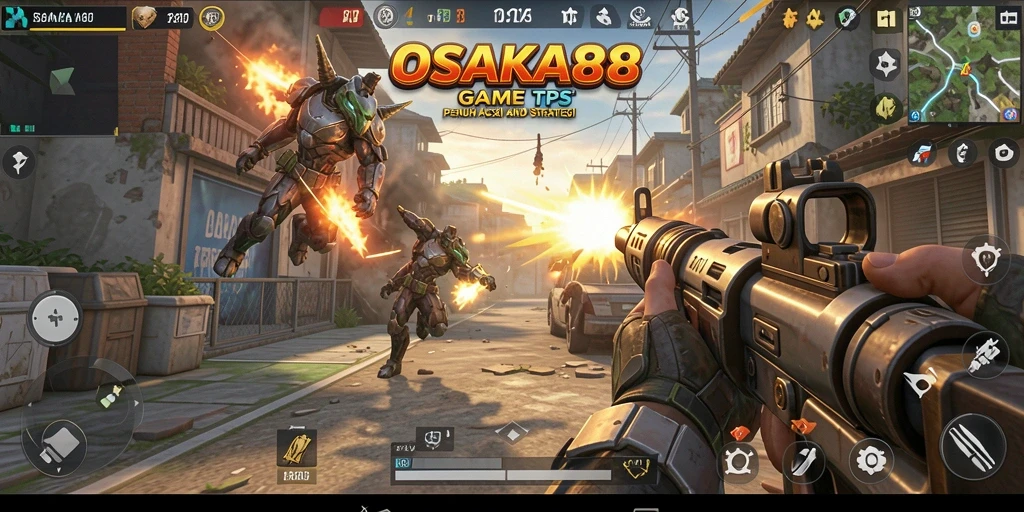 Screenshot utama OSAKA88 menampilkan aksi tembak-menembak seru gameplay TPS.