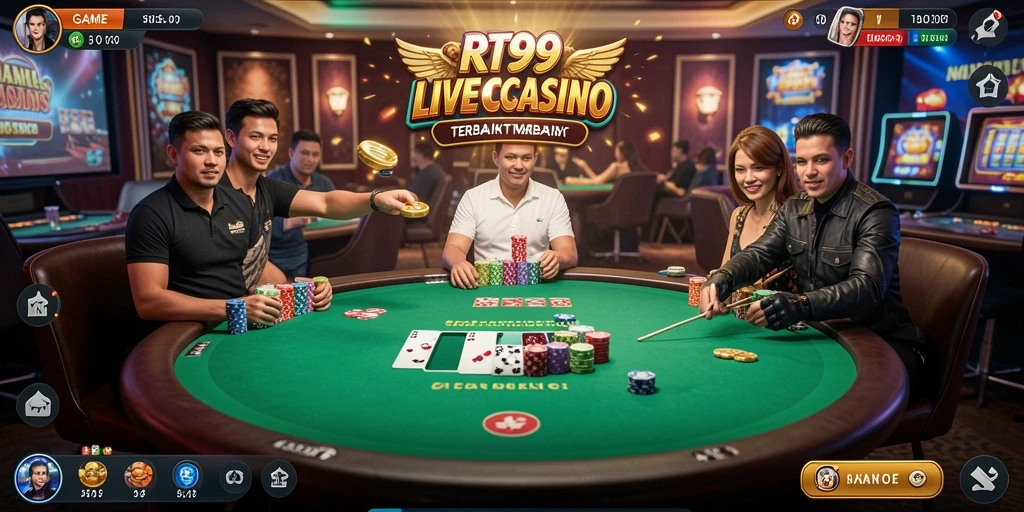 Screenshot gameplay RT99 menunjukkan dealer langsung dan suasana kasino yang seru.