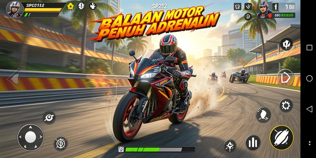 Gameplay SP212 yang seru dan menegangkan saat balapan motor.