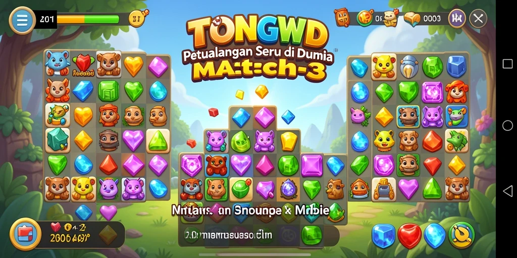 Tampilan gameplay TONGWD yang menarik dengan permata berwarna-warni.