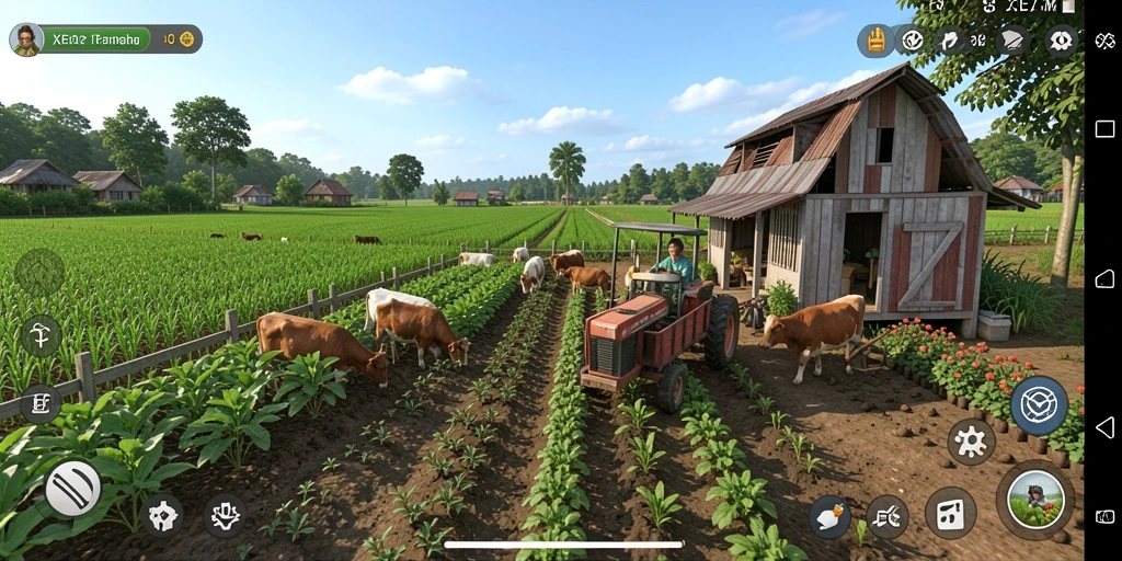 Tangkapan layar XE77 menampilkan gameplay bertani yang penuh warna dan menarik.
